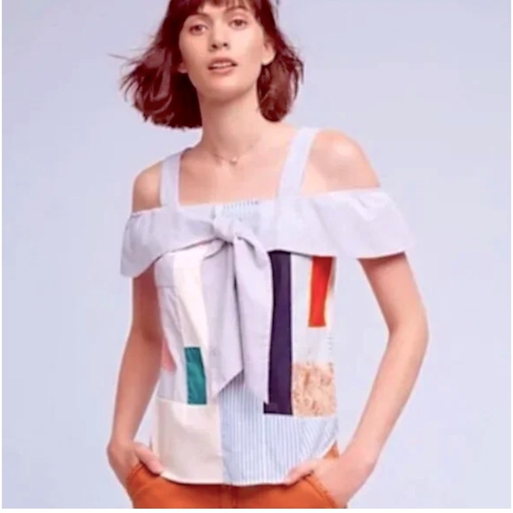 New Anthropologie Maeve Medley Patchwork Cotton Bow Sailor Summer Top Blouse 6